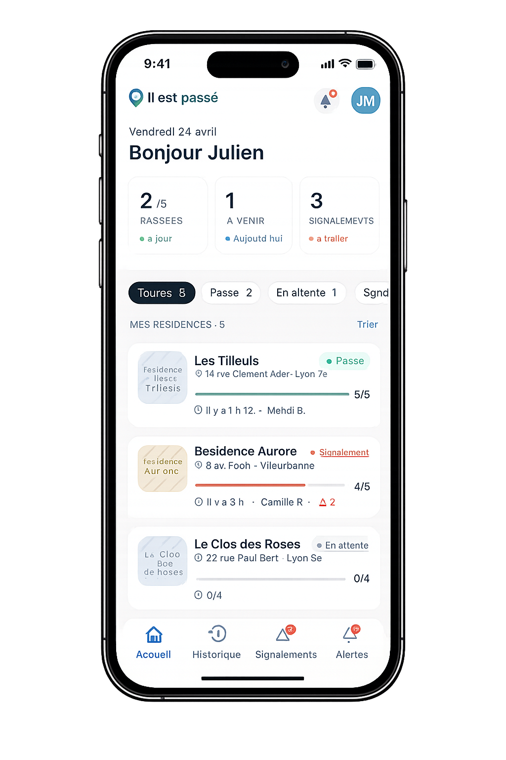 Vue syndic de l'application Il est passé — tableau de bord des résidences