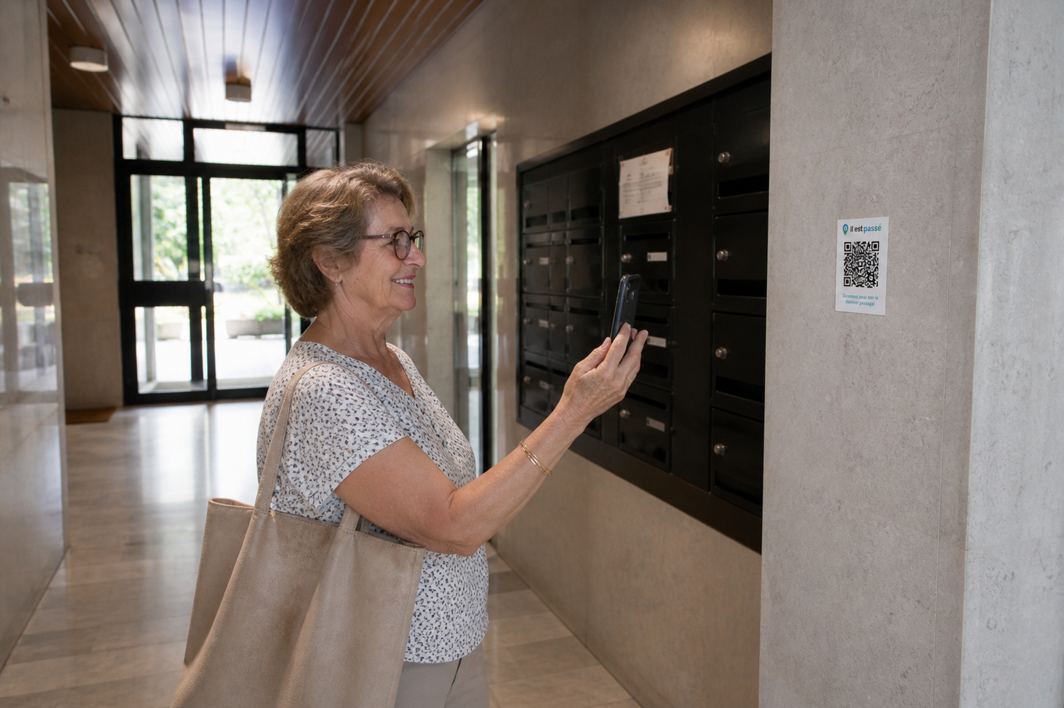 Résidente scannant le QR code Il est passé dans le hall de sa copropriété