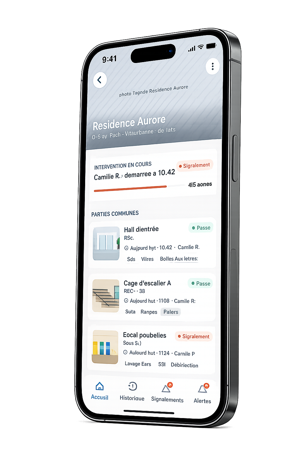 Vue syndic de l'application Il est passé — détail résidence Aurore